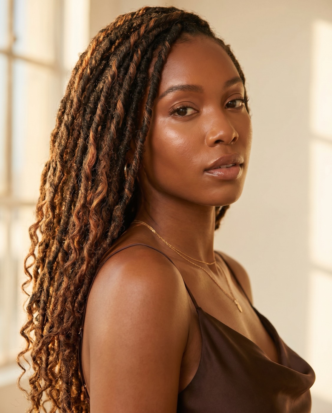 Long healthy locs with warm honey color
